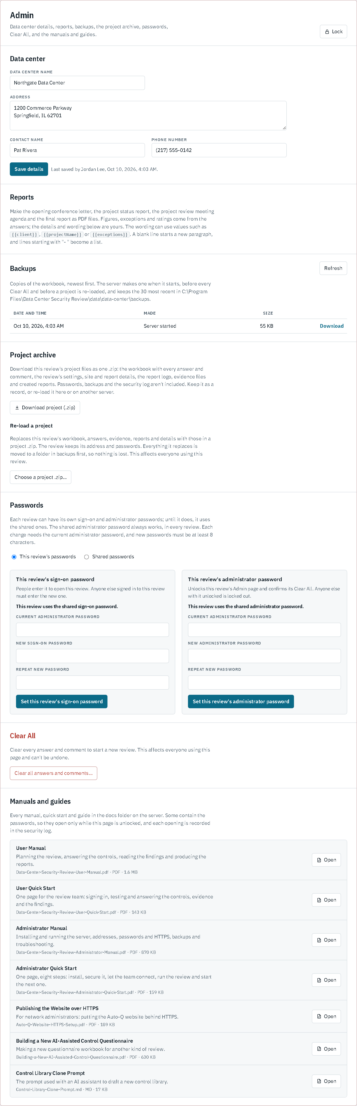 The Admin tab with data center details, reports, backups, the project archive, passwords, Clear All and the manuals and guides