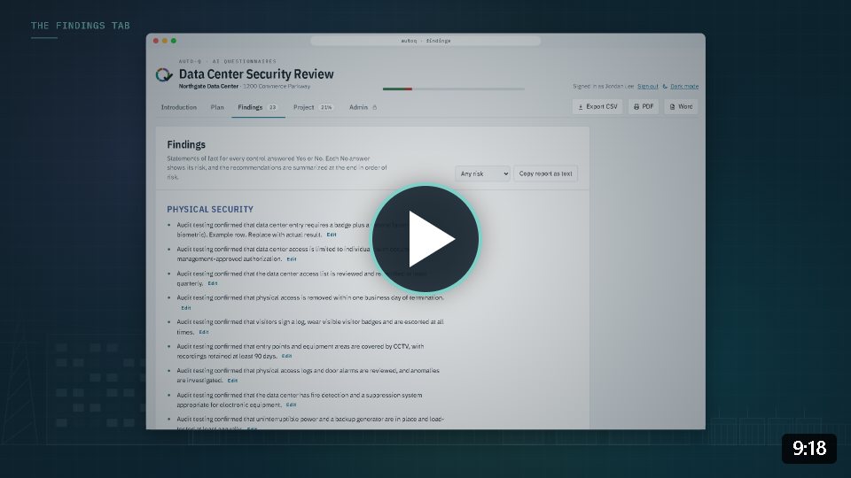 The AutoQ demo video: the Findings tab of a data center review, with a play button