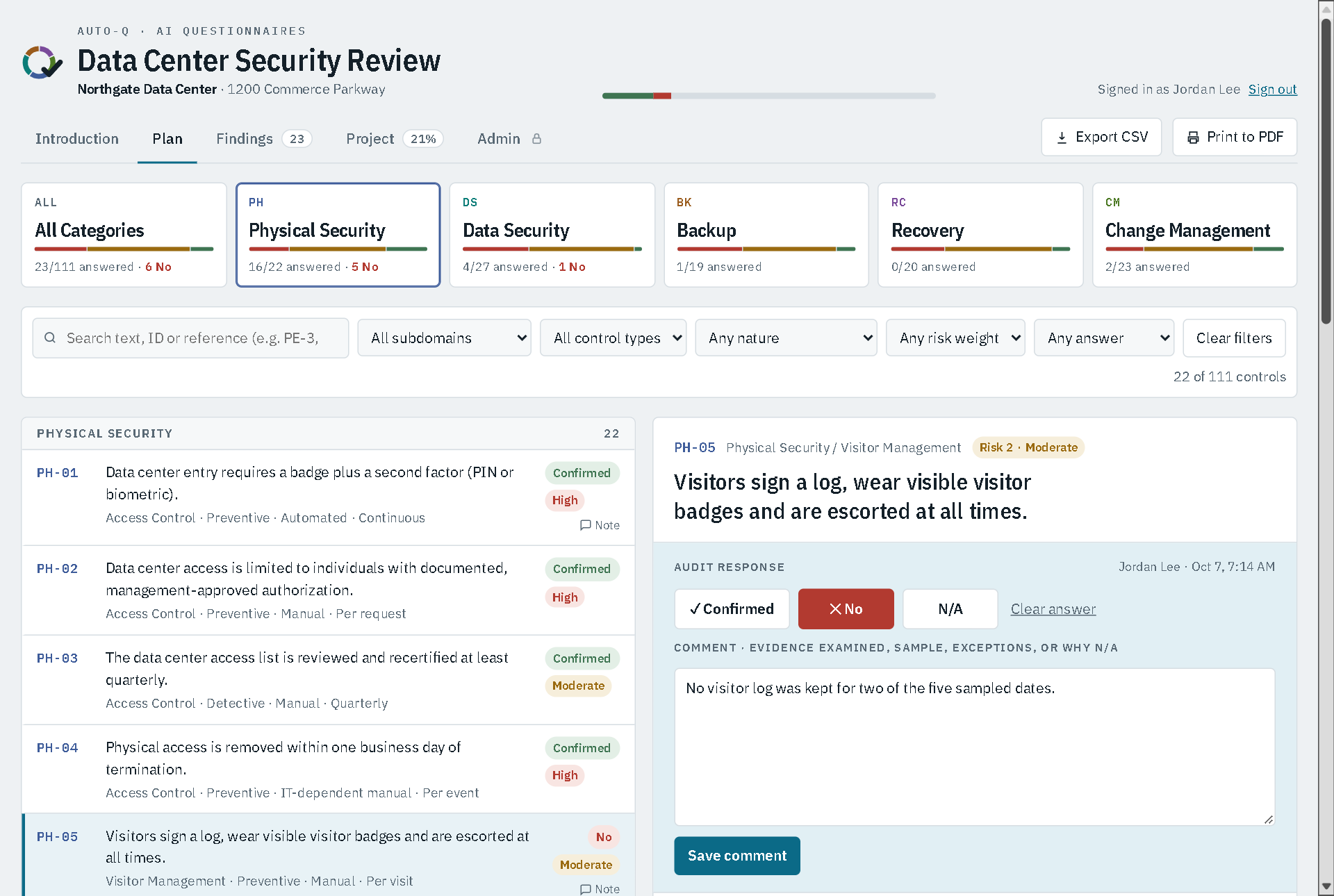 The Plan tab with category buttons, filters, the control list and an open control