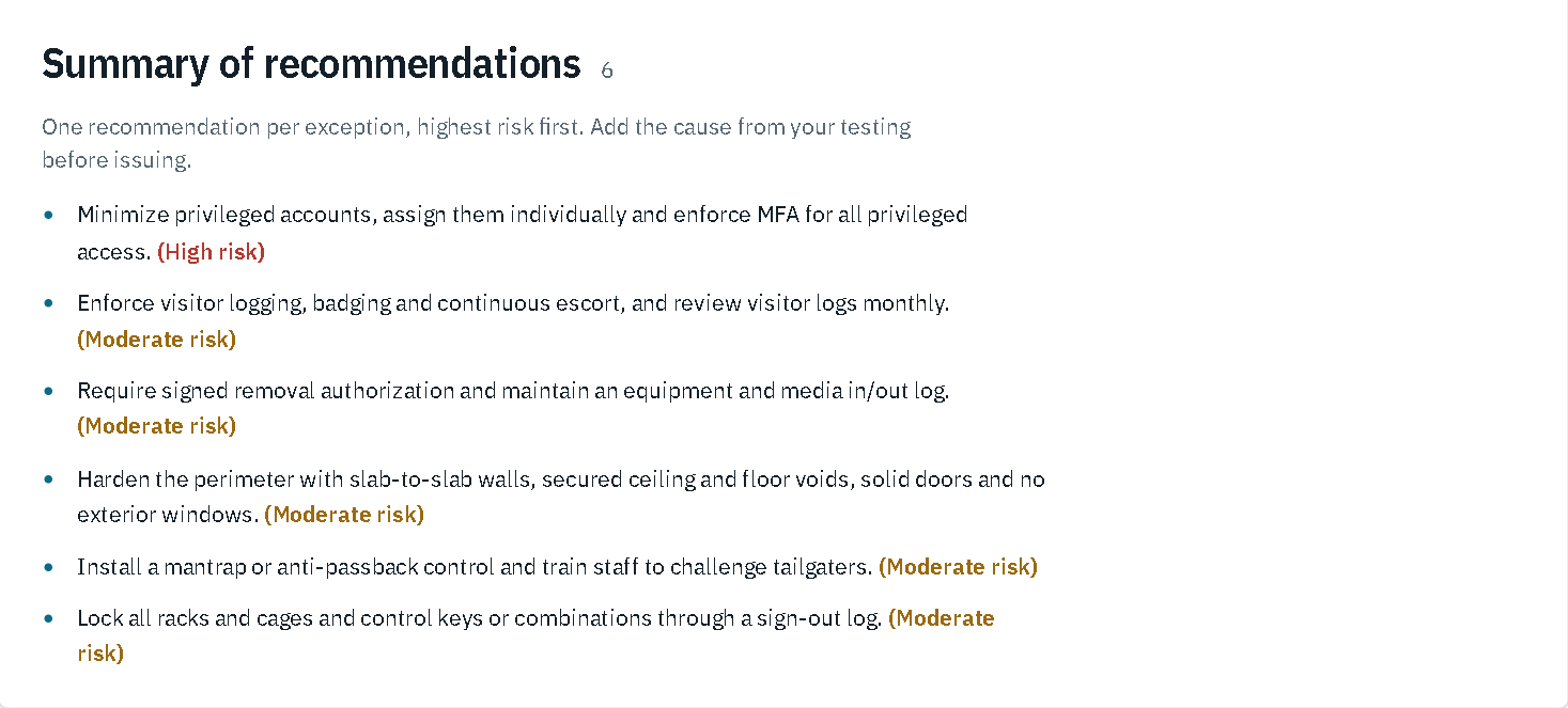 Summary of recommendations ordered by risk